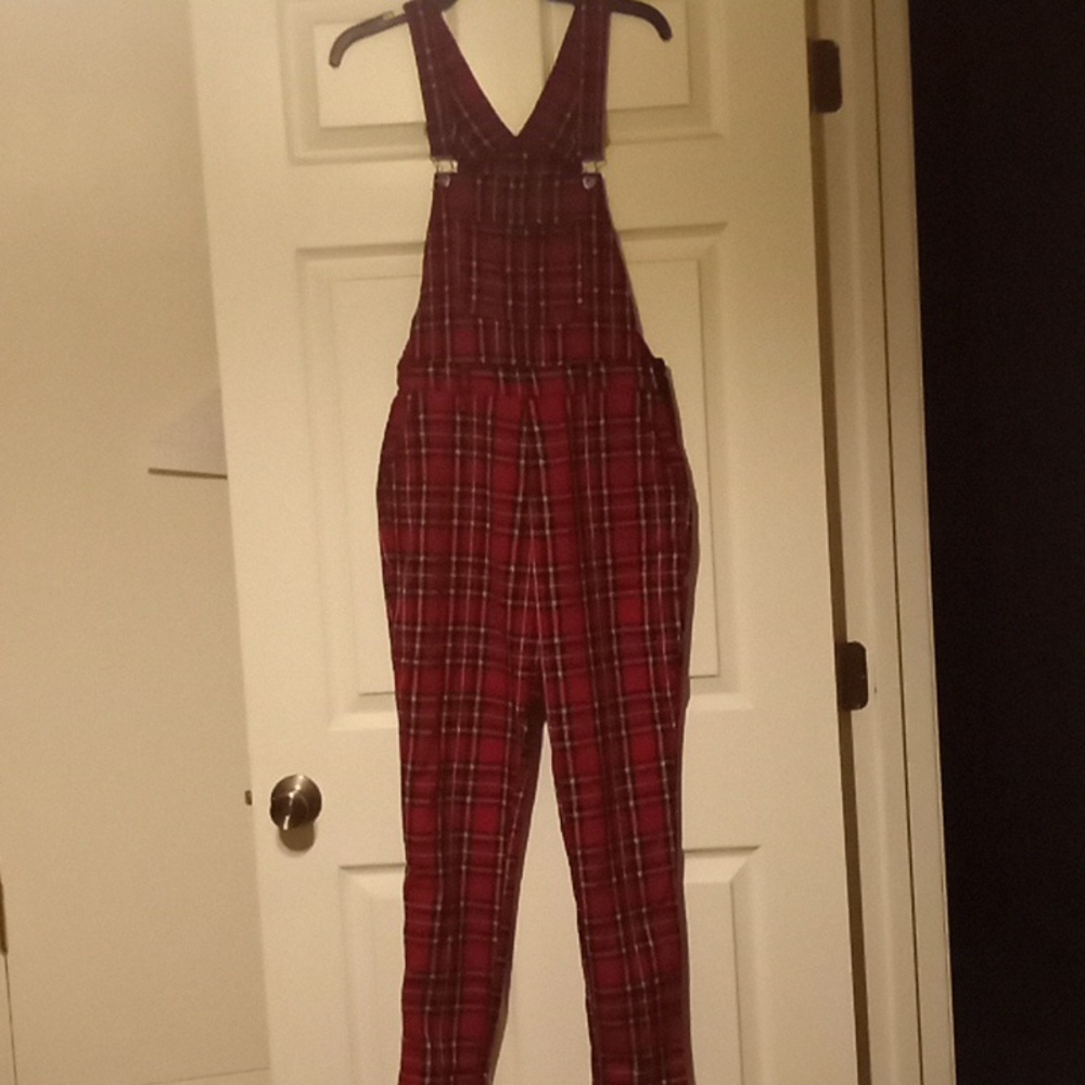 Red plaid overalls. XS